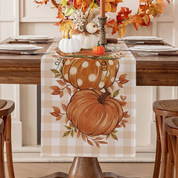Pumpkin Leaves Fall Table Runner, (13x60 Inch) Thanksgiving Harvest Farmhouse - Picture 5 of 5